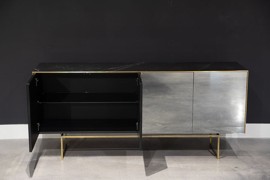 Magda Buffet with marble ceramic and Sovet's signature mirrors and four doors, presented with two doors opened.