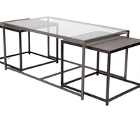 Metal nesting cocktail table consisting of glass top center table and 2 outer bunching tables, slide under the ends of the center table