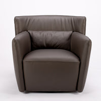 Dark brown leather Tulip swivel armchair, endowed with a lower-back cushion. Front view.