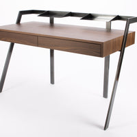Wooden Zac Desk with steel framing, floating trays and 2 full pencil drawers. Front and side view.