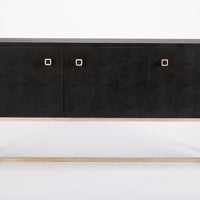 Dallon Buffet three door cabinet done in navy shagreen with silver pulls and metal frame.