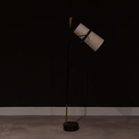 Yasmin Antique Iron modern Floor Lamp with a black iron tapered slender vertical rod and a blade shaped vintage brass finish finial.