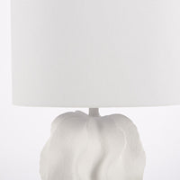 White Bethany Table Lamp with undulating curves of textured resin cascading into an urn shape. Closed up partial view on the stand and shade.