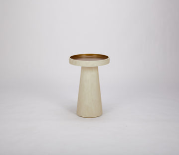 Cerused wood side table in whitewash finish accented with a hand-painted gold tone top.
