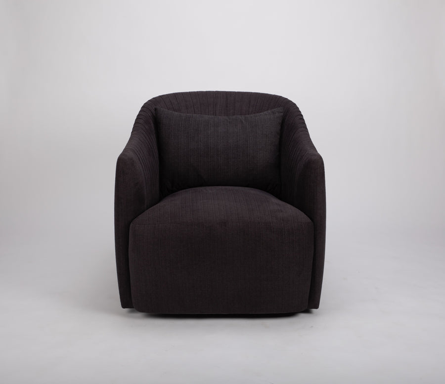 Dark brown fabric Viki swivel lounge chair with tapered arms and tight seat design.