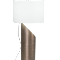Jade Table Lamp with a white drum shade and organic silhouette body that combines with antique brass finish. Side view.