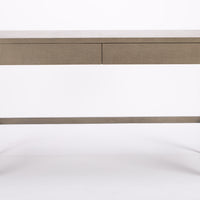 Conrad Desk with clean and simple design, finished in “seal” colored faux raffia, and with two flush drawers.