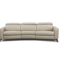 Beige leather 3 seater sofa consisting of left hand maxi recliner, right hand facing maxi recliner each and one armless chair maxi recliner.
