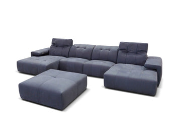 Light purple Arcadia leather sectional with battery operated motion that consists of a Left and a Right reclining chaise, 2 armless reclining head and foot chairs and correlating 34” square ottoman.