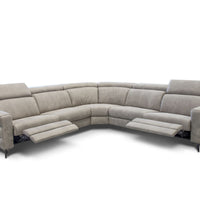 Ash Ermes sectional with channel tailoring on the outside arm and perimeter stitching feature on the arms, bronze metal legs, and battery operated reclining mechanism. 