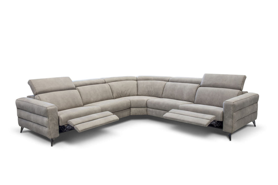 Ash Ermes sectional with channel tailoring on the outside arm and perimeter stitching feature on the arms, bronze metal legs, and battery operated reclining mechanism. 