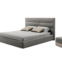 Sayonara leather bed in light colors with high headboard, front and side view.