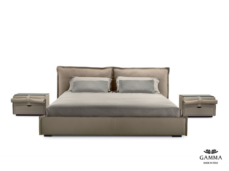 King Size Leather bed in grey color with a soft headboard, front view with two leather nightstands.