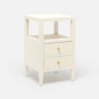 The Jarin's classic nightstand in white color with two drawers and an open-air shelf.