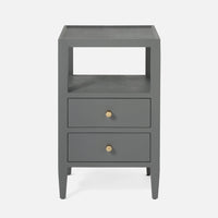 The Jarin's classic nightstand in grey color with two drawers and an open-air shelf.