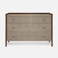 Kennedy Dresser 48" in beige color and with three big drawers, front view. Covered in vintage faux shagreen and framed by a raised veneer border.