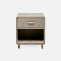 Dante Nightstand with Aged leather and rounded edges. Metal legs and hardware finish off its classic, ’30s machine-age look. Storm Full-grain Leather.