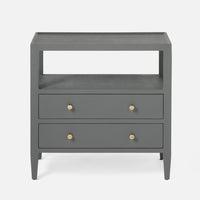 The Jarin's classic nightstand in grey color with two drawers and an open-air shelf.