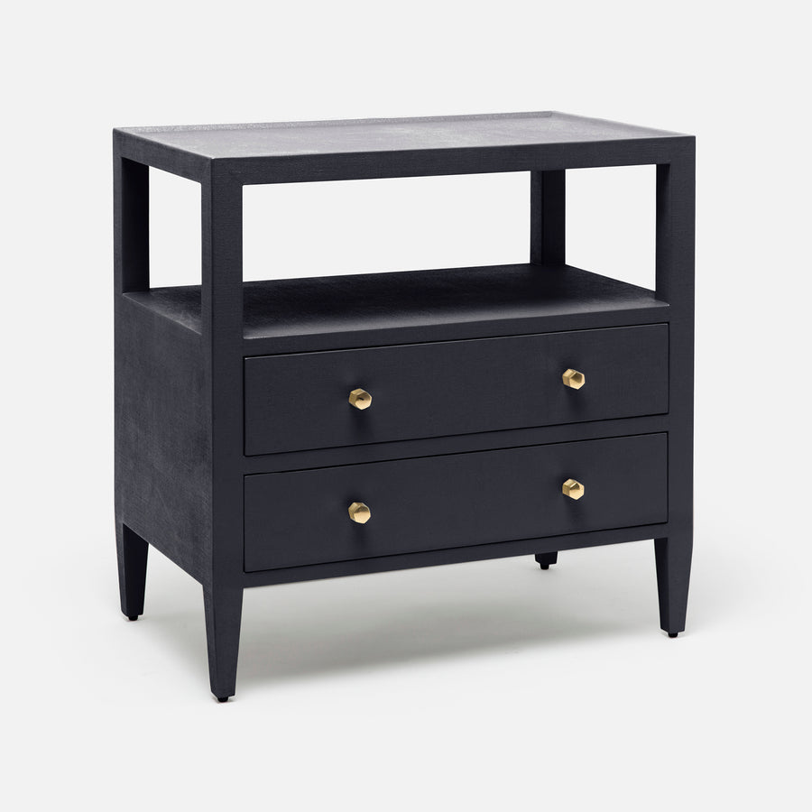 The Jarin's classic nightstand in purple color with two drawers and an open-air shelf.