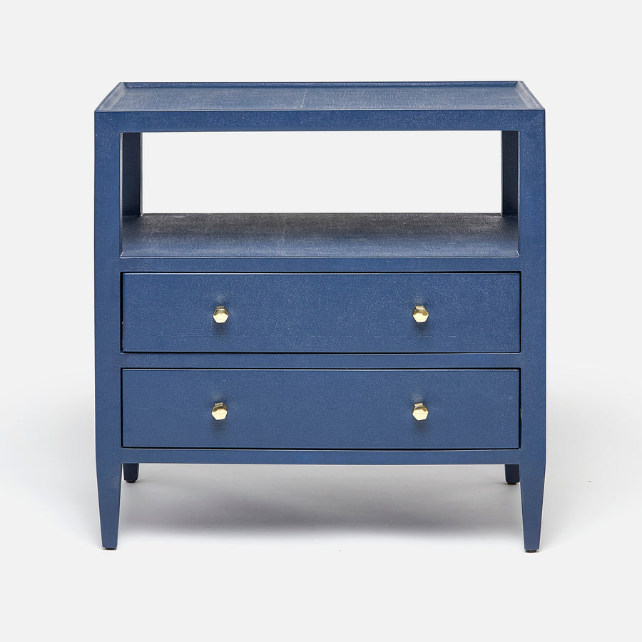 The Jarin's classic nightstand in blue color with two drawers and an open-air shelf.