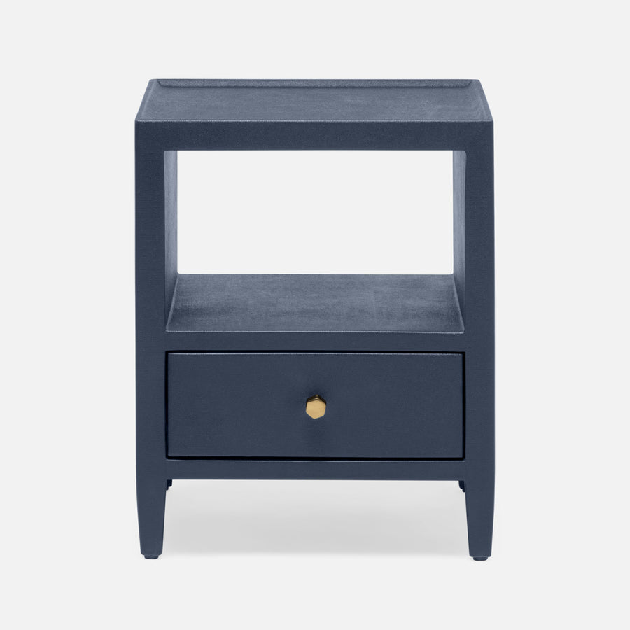 The Jarin's classic nightstand in blue color with one drawer and an open-air shelf.