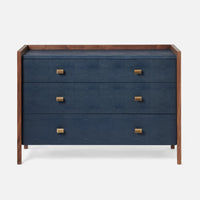 Kennedy Dresser 48" in blue color and with three big drawers, front view. Covered in vintage faux shagreen and framed by a raised veneer border.