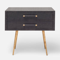 Alene Nightstand in black color with two drawers and tapered metal legs.