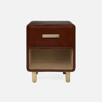 Dante Nightstand with Aged leather and rounded edges. Metal legs and hardware finish off its classic, ’30s machine-age look. Tobacco Full-grain Leather.