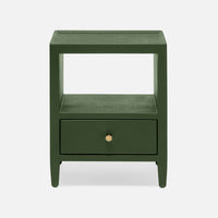 The Jarin's classic nightstand in green color with one drawer and an open-air shelf.