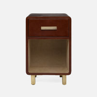 Dante Nightstand with Aged leather and rounded edges. Metal legs and hardware finish off its classic, ’30s machine-age look. Tobacco Full-grain Leather.