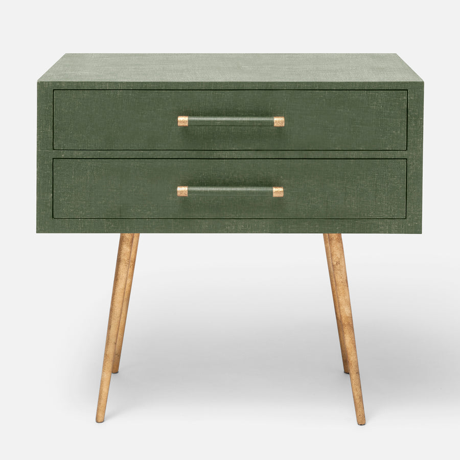 Alene Nightstand in green color with two drawers and tapered metal legs.