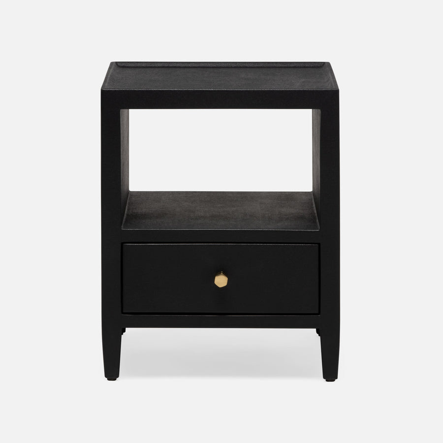 The Jarin's classic nightstand in black color with one drawer and an open-air shelf.