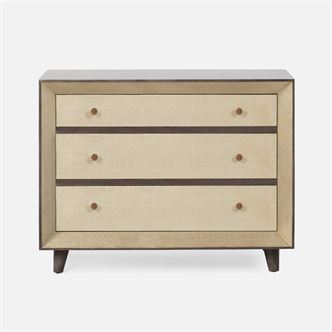 Blaine nightstand in faux canvas and gray-stained wood with three drawers.