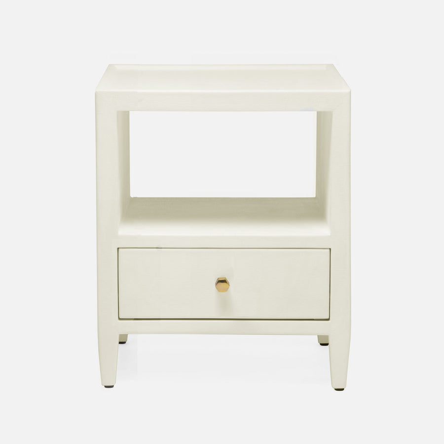 The Jarin's classic nightstand in white color with one drawer and an open-air shelf.