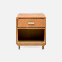 Dante Nightstand with Aged leather and rounded edges. Metal legs and hardware finish off its classic, ’30s machine-age look. Camel full-grain leather.