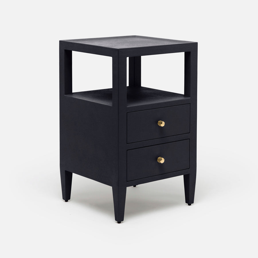 The Jarin's classic nightstand in purple color with two drawers and an open-air shelf.
