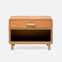 Dante Nightstand with Aged leather and rounded edges. Metal legs and hardware finish off its classic, ’30s machine-age look. Camel full-grain leather.