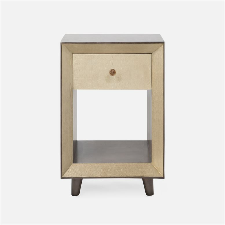 Blaine nightstand in faux canvas and gray-stained wood with one drawer.