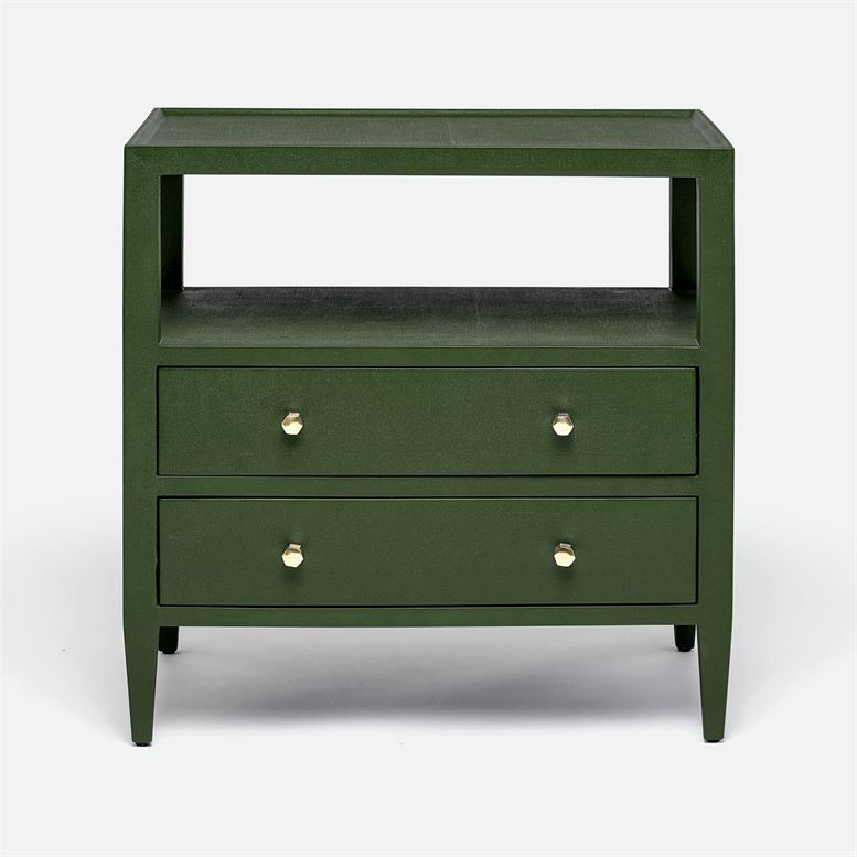 The Jarin's classic nightstand in green color with two drawers and an open-air shelf.