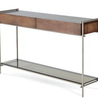 Collins Storage Console with maple wood case and drawers and forged metal structure.