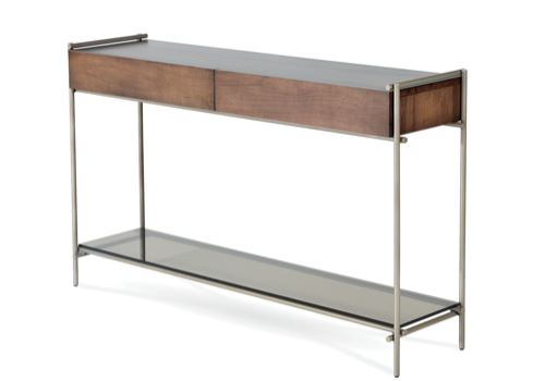 Collins Storage Console with maple wood case and drawers and forged metal structure.