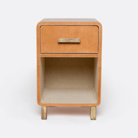 Dante Nightstand with Aged leather and rounded edges. Metal legs and hardware finish off its classic, ’30s machine-age look. Camel full-grain leather.
