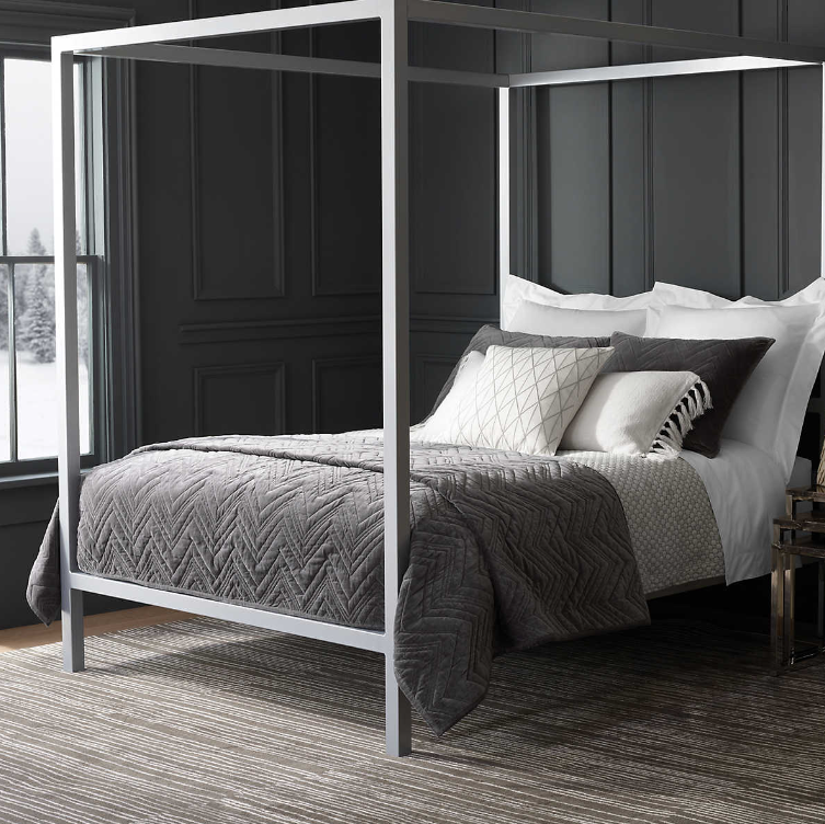 Brentwood Velvet Collection bedding in grey and white colors on a white framed bed.