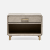 Dante Nightstand with Aged leather and rounded edges. Metal legs and hardware finish off its classic, ’30s machine-age look. Storm Full-grain Leather.