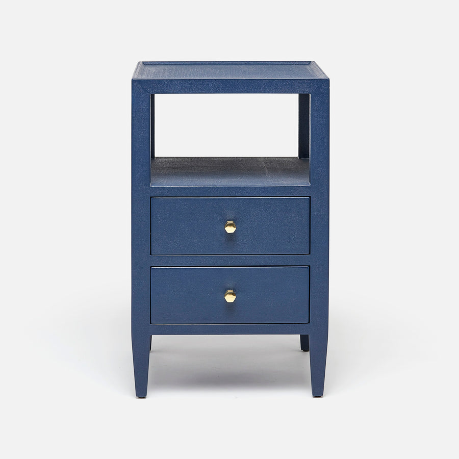 The Jarin's classic nightstand in blue color with two drawers and an open-air shelf.