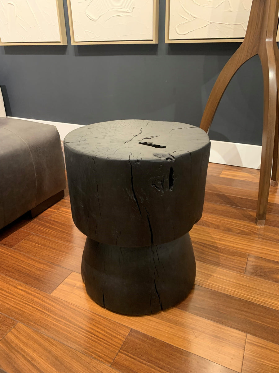 Tali Wooden Stump side table in black finish, made of Mayan rosewood.