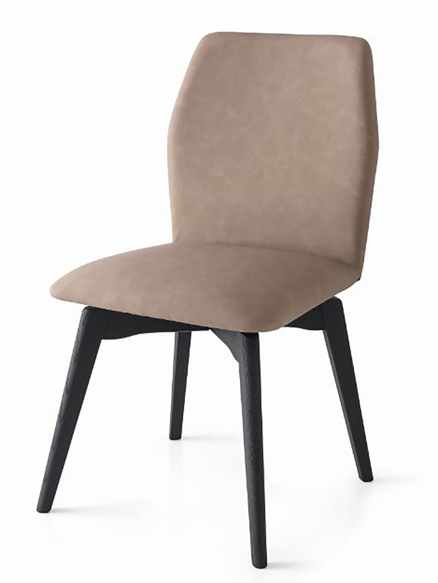 A beige Hexa swivel dining chair with wood base. Front and side view.