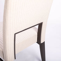 Blues Side Chair in white color fabric and dark legs, with open back, closed up back view.