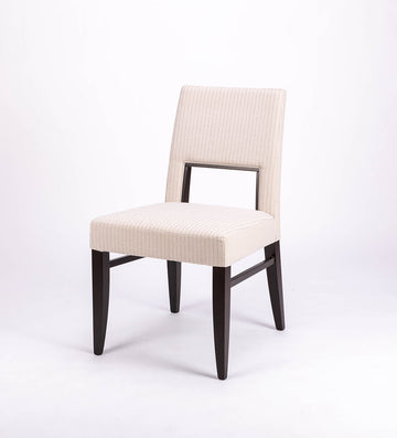 Blues Side Chair in white color fabric and dark legs, with open back.