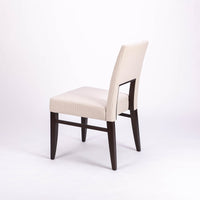 Blues Side Chair in white color fabric and dark legs, with open back, side and back view.